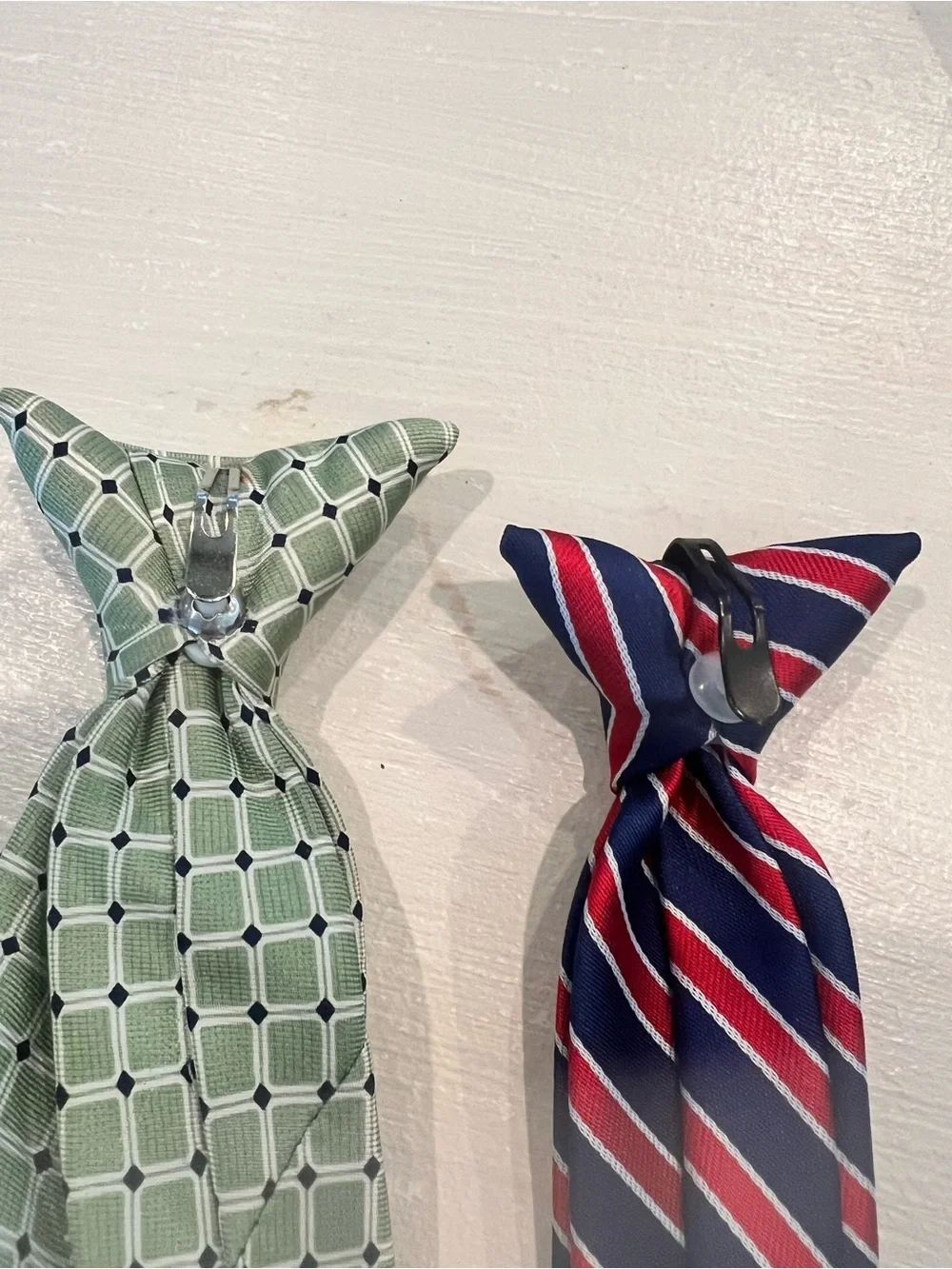 Bundle of 2 boys clip on Classic ties green geometric and navy/red stripe